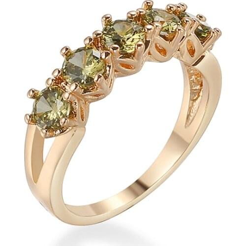 Copper August Birthstone Unadjustable Rings Gold Color Olive Green Cubic Zirconia Rings For Birthdays Gifts, 1 Piece