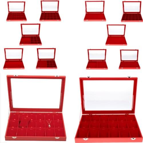 Red PU Leather Jewelry Organizer Display Tray with Soft Velvet Slots Inserts Grids for Necklace Bracelets Earrings Display