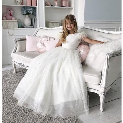 White Flower Girls Dresses with Big bow Pearls Feather Girl Dress Birthday First Communion Party Dresses