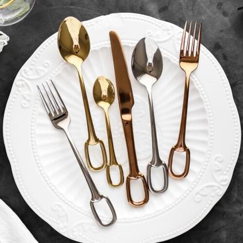 Hot new style square hole series bright gold-plated 304 stainless steel knife fork spoon coffee spoon tableware cutlery set