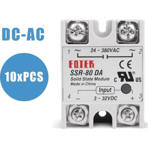10PCS SSR 80DA Solid State Module Relay 80A Single Phase 3-32V 12V DC To 24-380V 220V AC For Temperature Controller