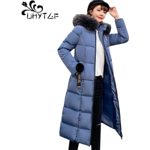 UHYTGF womens winter parka cotton coat fashion fur collar hooded casual warm jacket zipper slim plus size coat woman parkas 1040