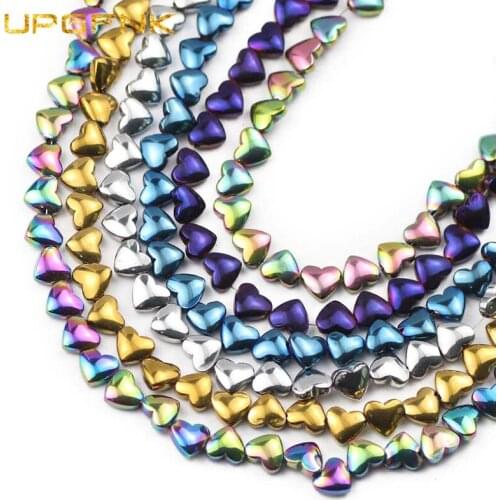 UPGFNK 6mm Natural Stone Gold,Black,Blue Heart Shape Hematite Spacer Loose Beads For Jewelry Making DIY Charms Bracelet Necklace