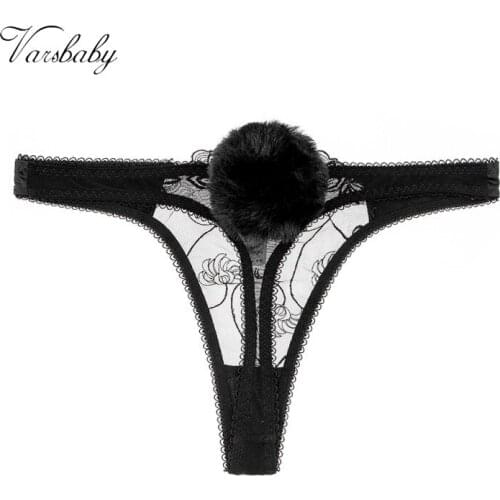 Varsbaby Embroidered mesh lace thong detachable rabbit tail ladies panties