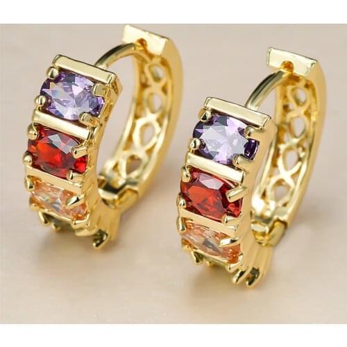 Vintage Female Crystal Small Hoop Earrings Charm Gold Color Wedding Earrings Cute Square Rainbow Zircon Stone Earrings For Women