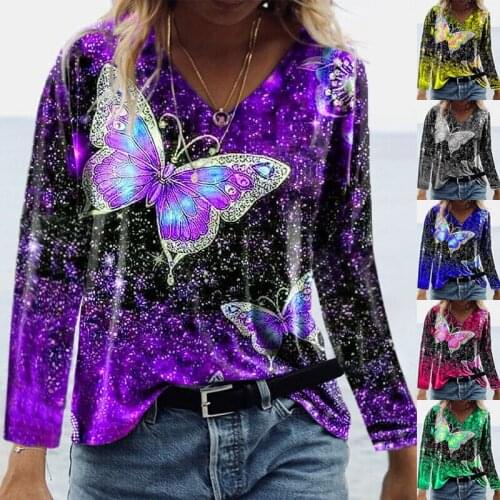 2021 Summer Women Loose Casual V-neck Tops Female Fluorescence Color Butterfly Printing Long Sleeve T-shirt