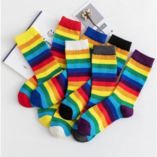 Winter Autumn Women Cotton Long Crew Socks Preppy Style Rainbow Colorful Stripes Printed Skateboard Student Streetwear