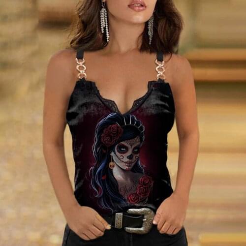2021 Summer Vintage Rose Skull Printed Women Tank Top Sexy V Neck Sleeveless Tops Clothing Fashion Elegant Sling Slim Vest