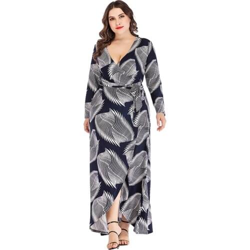 DOIB Women Long Dress Plus Size V Neck Print Irregular Hem Sashes Maxi Large Size Wrap Dress 2020 Autumn Vintage Dress 6XL