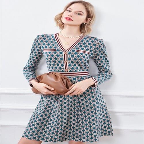 Temperament Vintage Knitting WomenS Dress 2021 Spring Autumn V-Neck Long Sleeve A-Line Knitwear Fashion Casual Female