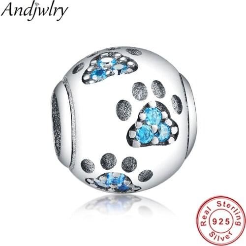 2020 Newest Fit Original Pandora Charms Bracelet 925 Sterling Silver Beads Blue CZ Paw Charms Beads DIY Jewelry Making Berloque