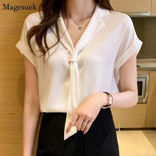 2021 Summer Short Sleeve Chiffon Blouse Women Solid Loose Casual Woman Shirt White Tops V-neck Plus Size Female Clothes 13926