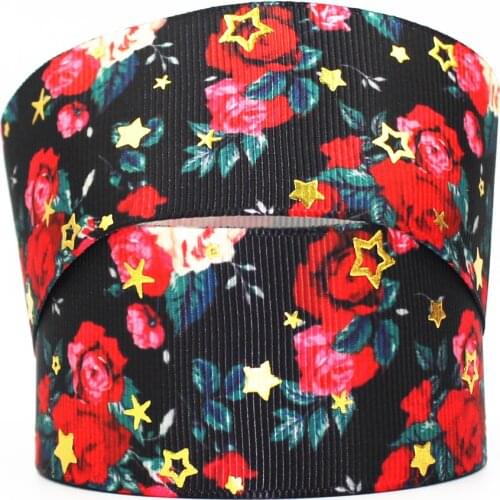 22-75mm gold foil flower printed glowing star ribbon Accessory hairbow headwear DIY handmade hair bows accessories