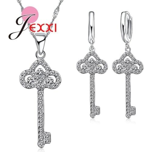 Elegant Style Cubic Zirconia Key Pendant Necklace Drop Piercing Earrings Sets Romantic Wedding Bride Jewelry Sets Bijoux