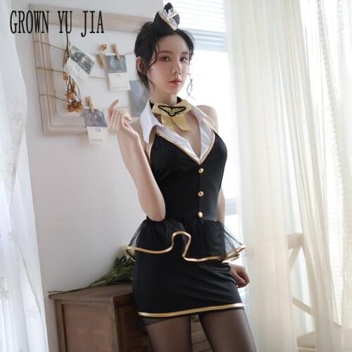 Erotic Stewardess Dress Sex Cosplay Porno Policewoman Game Uniform Sexy Skirt for Sex Naughty Lingerie Open Crotch Pantyhose Set