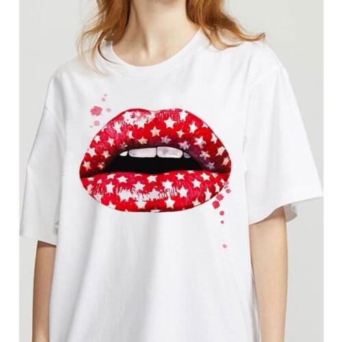Red Lip T-Shirt Women Casual Short Sleeve Tshirts Vintage Creativity Harajuku Tops Womens Tee Funy Female T-shirt