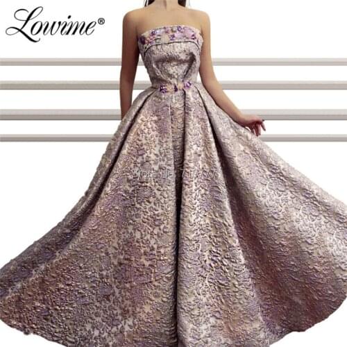 Strapless Islamic Evening Dresses Customized 2019 Vestido De Festa Saudi Arabic Couture Prom Dress Beaded Flower Party Gowns