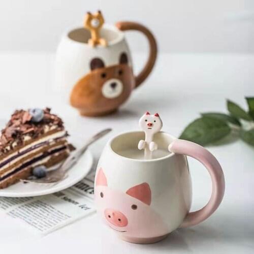 Cute Cartoon Animal Ceramic Cup Home Female Mug Hand-painted Childrens Water with Spoon Coffee Milk Cup