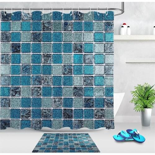 Mosaic Pattern Shower Curtain Blue Square Geometric Waterproof Bathroom Curtain Fabric Bridal Polyester Washable Home Decor