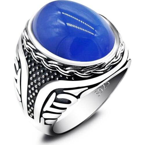 New Style 925 Sterling Silver Mens Ring Blue Agate Stone Mens Punk Ring High-end Retro Unisex Jewelry
