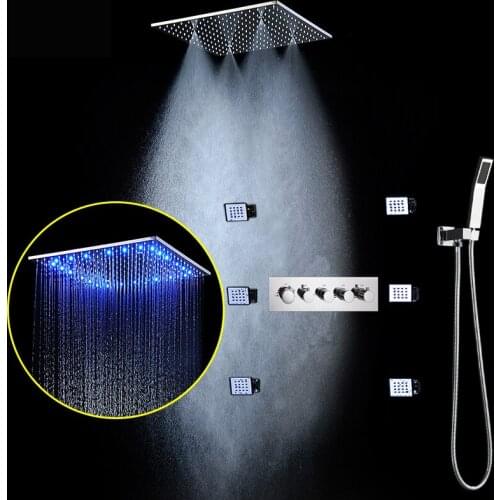 Thermostatic Shower Faucets Set Ceiling Rainfall Shower System Modern RGB LED light Rain Shower panel With Massage body jets