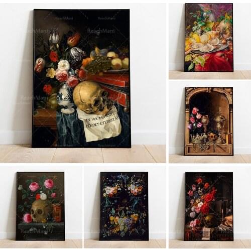 Vanitas Still Life | Skulls and Flowers | Souvenir Mori | Death Wall Art | Creepy Printable | Skull Art Decoration Poster