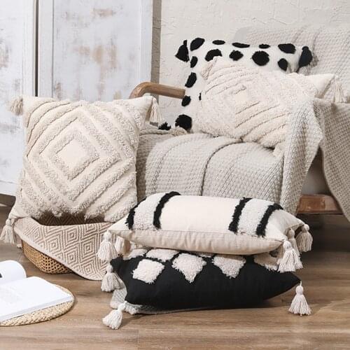 Nordic Style Cushion Cover Morocco Tufted Tassel Throw Pillow Covers Decorative Macrame Plaid Striped Sofa Pillowcase