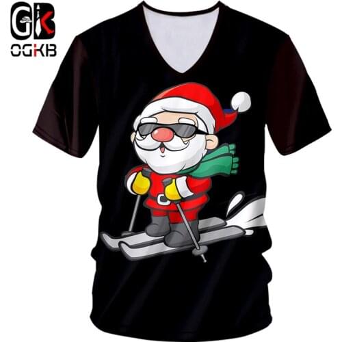 OGKB Man Christmas Trend Tshirt 3D Printed Ski And Sunglasses Santa Claus New Mens V Neck T shirt Large Size 5XL