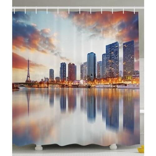 Paris Shower Curtain Landscape Art Decor Paris Skyline Reflection with Eiffel Tower Sunset Evening Wall Decoration Curtains