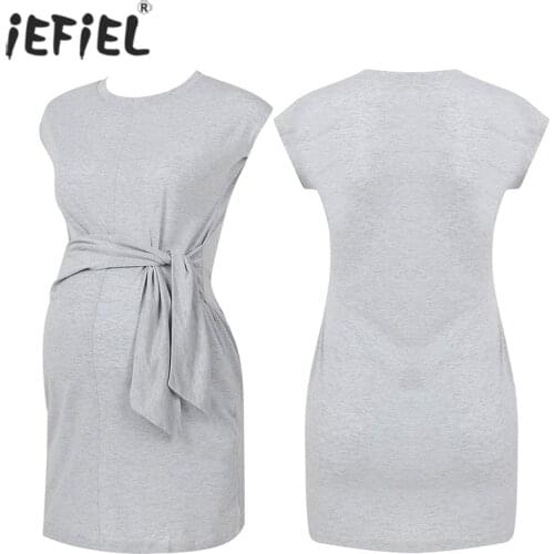 Summer Maternity Dress Pure Color Tie-in Waist Pregnant Women Dress Soft Cotton Loose Vestidos Pregnancy High Waist Wrap Dress