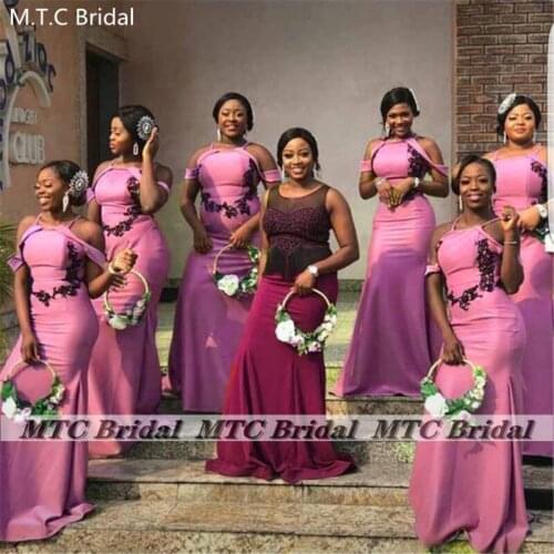 Dusty Rose Mermaid Long Bridesmaid Dresses With Black Lace 2021 Off The Shoulder Floor Length African Maids Of Honor Party Gowns