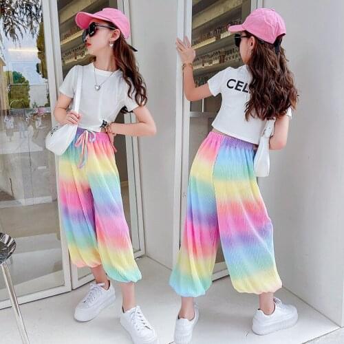 Baby Girls Rainbow Strip Mosquito Pants Summer Baby Thin Casual Western-style Bloomers Medium and Large Childrens Sweatpants