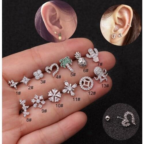 1 PC Tree Snowflake Heart Stainless Steel Tragus Stud Conch Earring Cubic Zirconia Tragus Daith Helix Lobe Piercing Jewelry