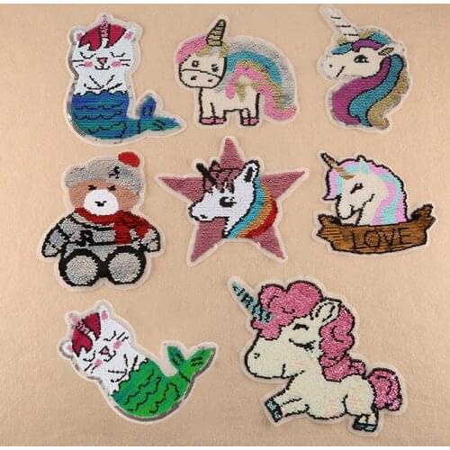 Lovely Unicorn Sequin Patch Iron On Cartoon Patches Rainbow Horse Mermaid DIY Sewing Accessories Decoration For Clothes Badges