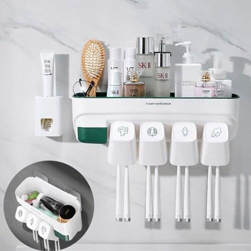 Toothbrush Storage Rack + Toothpaste Squeezer Wall-Mounted Perforation-Free Bathroom Toiletries Storage Shelf