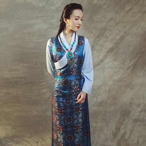 Tibetan Dress Elegant Two Piece Women Dresses Oblique Collar Ethnic Style Traditional Chinese Clothing Lhasa Clothes Tibet