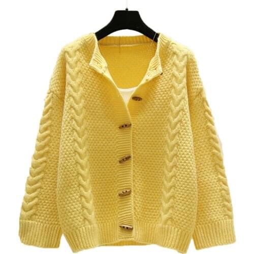 Knitted Sweater Female Cardigan Coat Coarse Twist Horn Button Spring Autumn Knitted Jacket Outerwear Casual Tops All Match W683