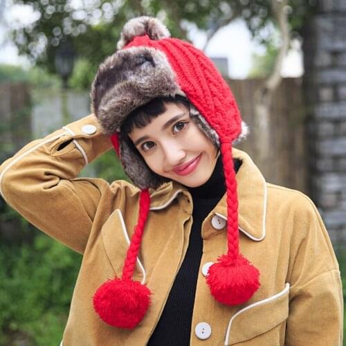 Lady Winter Cycling Ear Protection Hat Girls Lei Feng Cap Warm Knitted Hair Ball Wool Cap Beanies for Ladies Winter Cap B-8831