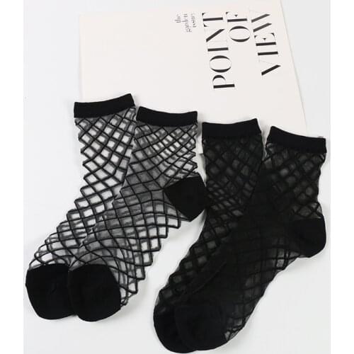DONG AI 2 Pairs Sexy Grid Mesh Fishnet Ankle Socks Women Hollow Short Black Sock Ladies Sweet Mesh Net Yarn Thin Women Cool Sox