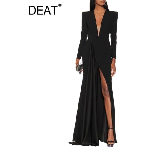 [DEAT] 2021 Spring New Fashion Tide V-neck High Waist Floo-length Long Sleeve Solid Color Loose High Quality Dress Women 13C784