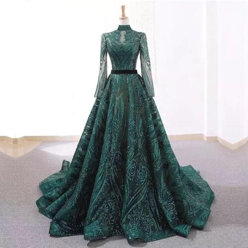 Luxury Dubai A-Line Evening Dress Muslim for Women 2020 Vintage High Neck Long Sleeves Sequins Sparkle Prom Party Gowns