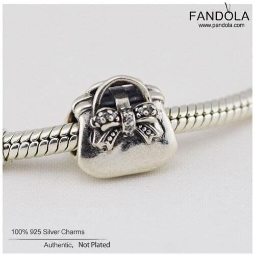 100% 925 Sterling Silver Clear CZ Handbag Metal Beads Charm Fits Original Brand Charms Bracelet Argent Jewelry Making Berloques