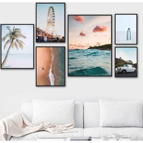Car Palm Sky Sea Beach Waves Ferris Wheel Wall Art Canvas Painting Nordic Posters And Prints Wall Pictures For Living Room Decor