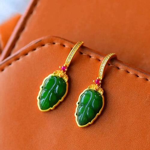 Designer original new natural Hetian jade spinach green leaf plant earrings atmospheric wild lady silver jewelry