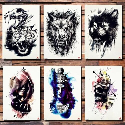 FANRUI Witch Teeth Wolf Tiger Temporary Tattoo Sticker Skull Buddha Watercolor Tattoos Body Art Arm Fake Tatoo Punk Beast Paste