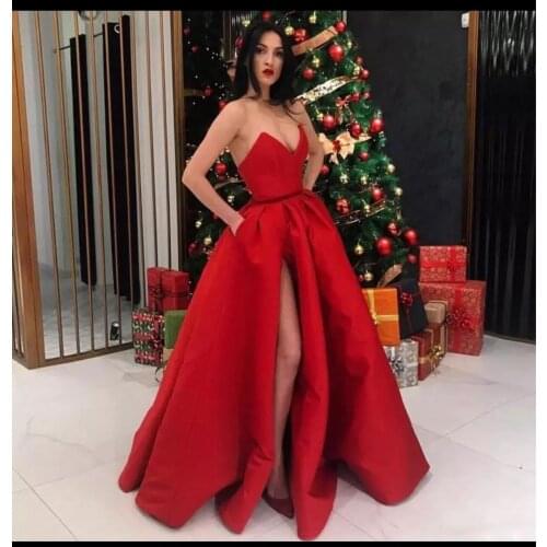 JIERUIZE Red satin simple Evening Dresses v-neck Long Simple prom Party Dresses Lace up back Formal Dress