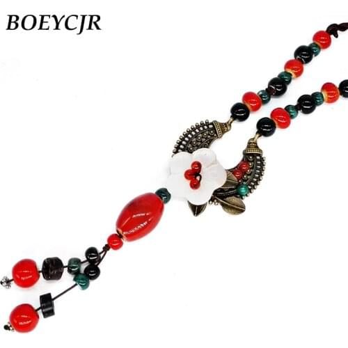 Stone Flower Ceramic Beads Tassel Necklace Chain Handmade Chinese Ethnic Adjustable Long Pendant Necklace for Women