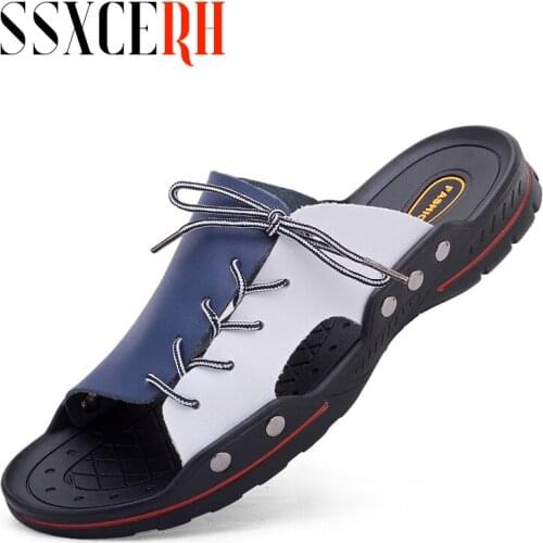 Leather Summer Men Flip Flops High Quality Beach Sandals Non-slip Male Slippers Zapatos Hombre Casual Shoes Men Big Size 38~48