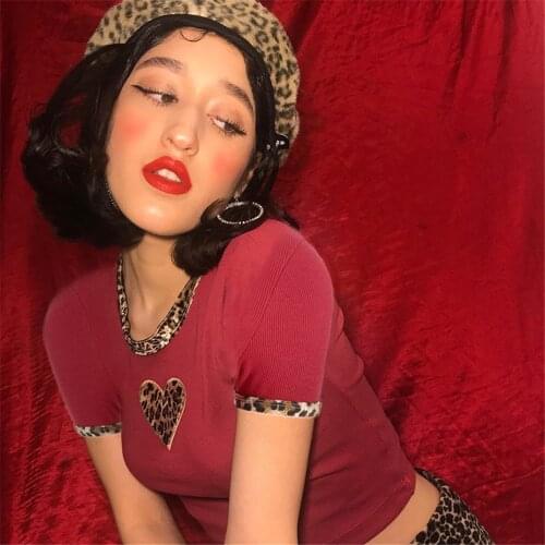 Summer 2021 Y2K Aesthetic Crop Top Short Sleeve Vintage 90s Woman Tshirts Leopard Heart Patches Cute Kawaii Clothes