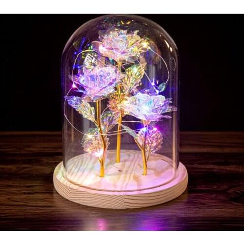 Flashing Colorful LED Night with Black Base Galaxy Rose In Flask Flower In Glass Dome For ValentineS Day Gif